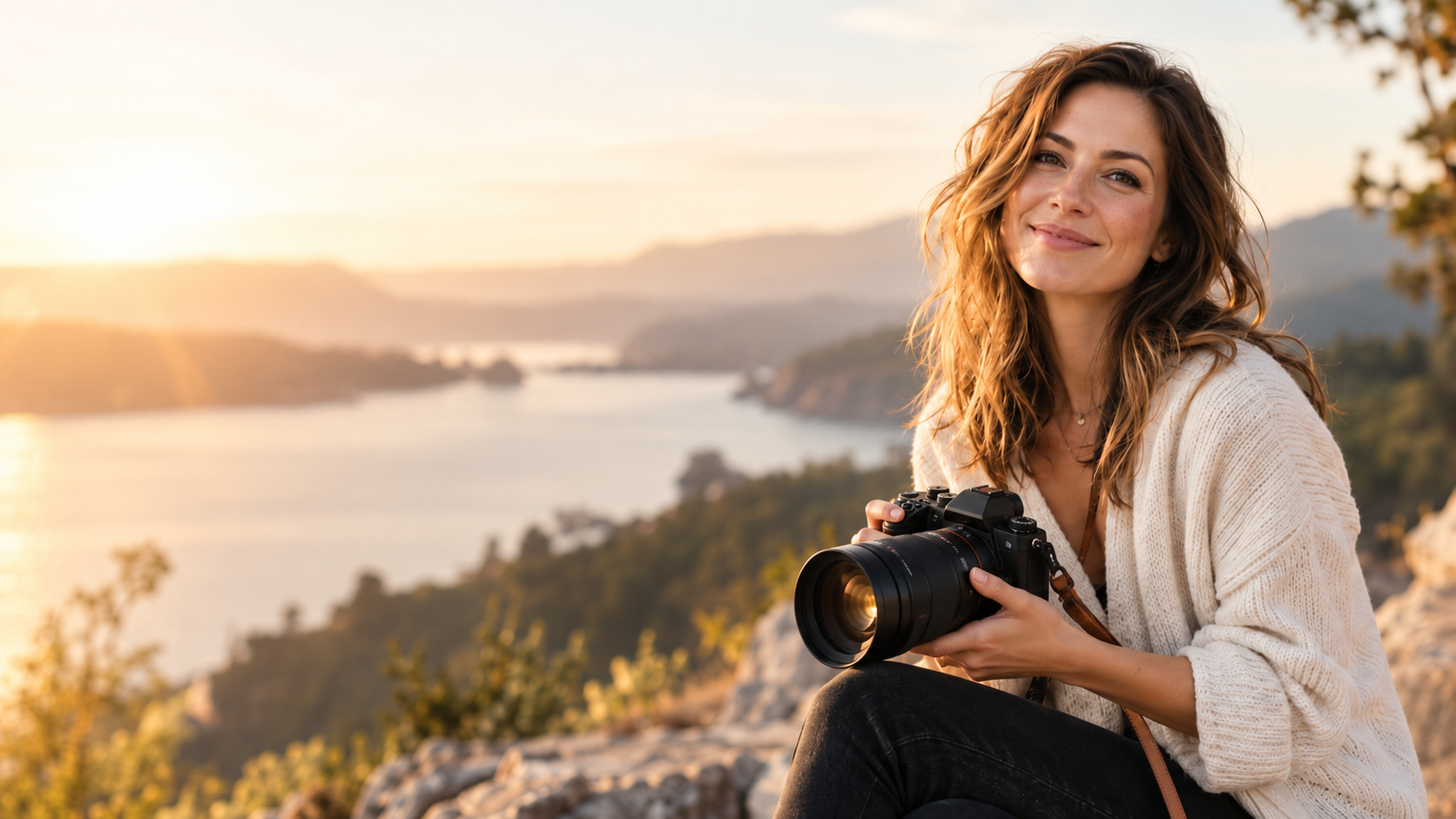 Sara Marks, Austin portrait and lifestyle photographer holding a camera outdoors during golden hour